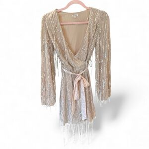 En Creme- Holiday Beige & Sequin Wrap Dress with belt